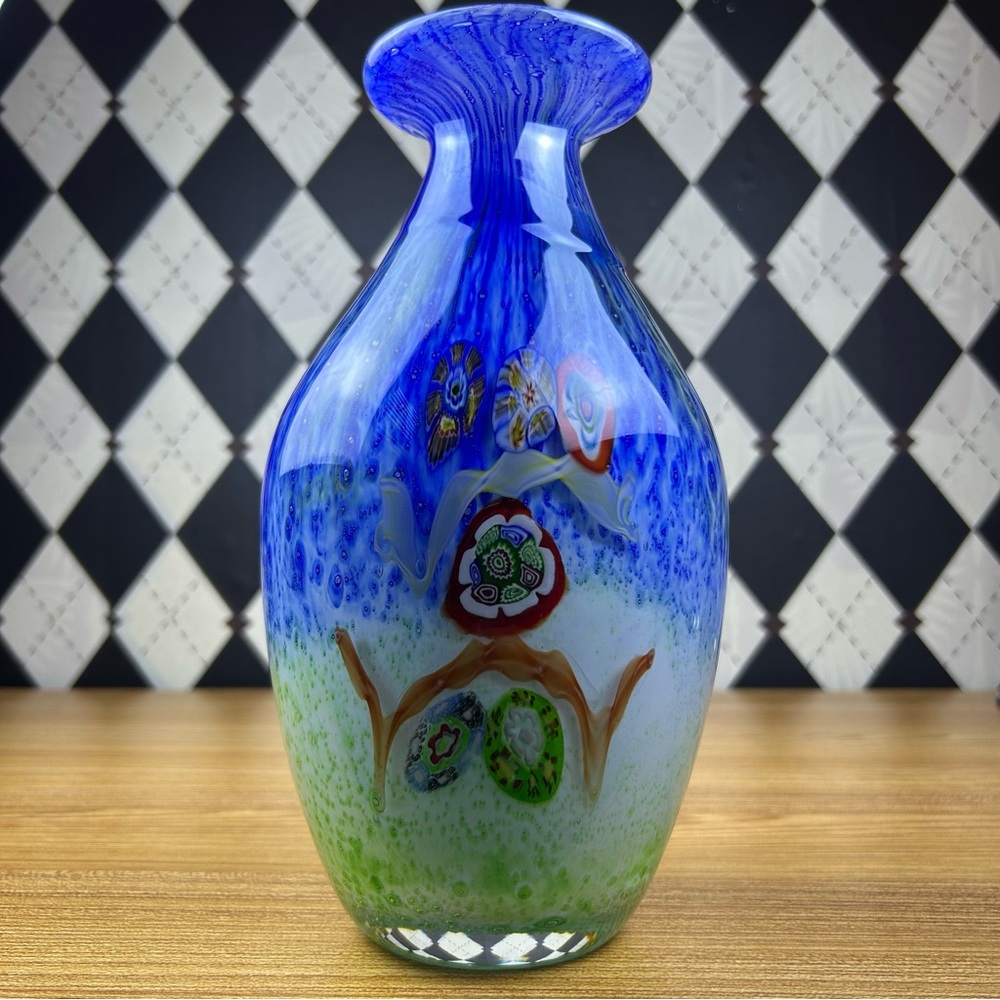 Murano Sommerso Blue Green Millefiori Vase Art Glass Heavy Hand-Blown‎ Vintage